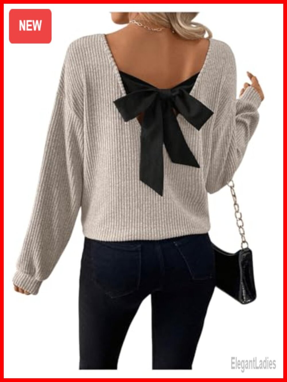 Womens V Neck Bow Back Ribbed Knit Tunic Sweater Long Sleeve Oversize Top